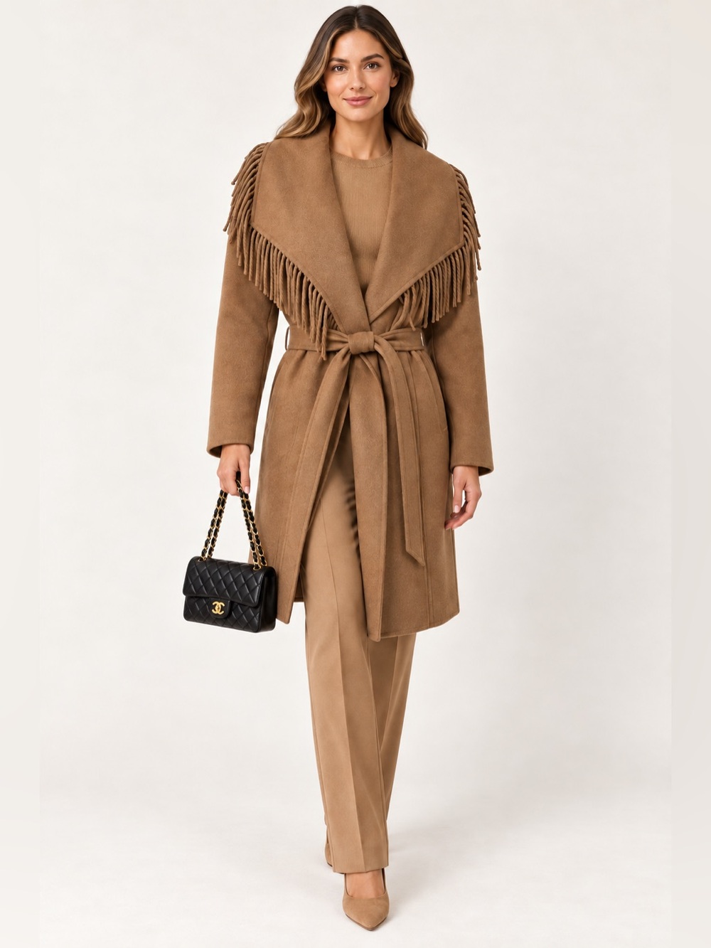 Tahari Camel Brown Fringe Belted Wrap Coat – Size Large
